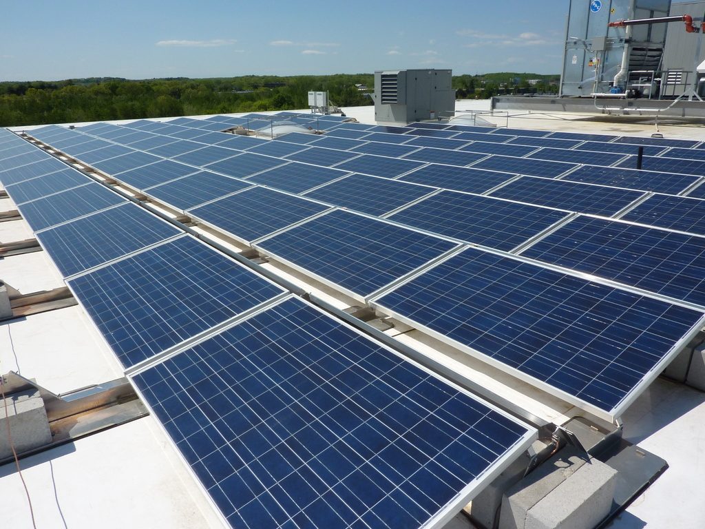 Rows of solar panels installed on a flat commercial roof